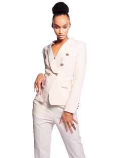 Composition: Cotton, Polyester Washing instructions: Dry Clean Model is wearing size S Designer Style ID: GC52-82685 Chic Double-breasted Pantsuit With Long Sleeves, Elegant Fall Pantsuit With Buttons, Elegant Cream Pantsuit For Work, Elegant Fall Pantsuit With Double-breasted Fastening, Cream Long Sleeve Suits For Office, Fitted Cream Pantsuit For Work, Chic Beige Long Sleeve Pantsuit, Cream Fitted Pantsuit For Workwear, Chic Beige Pantsuit With Notch Lapel