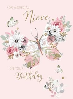 a pink birthday card with white flowers and butterflies on the front, says for a special niece on your birthday