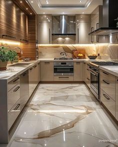 a modern kitchen with marble floors and cabinets