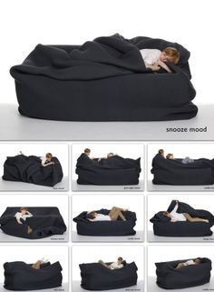 an image of a child laying on a bean bag chair that is made out of black material