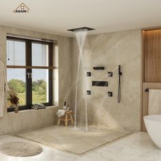 a bathroom with a large shower head in the middle of it's walls and floor