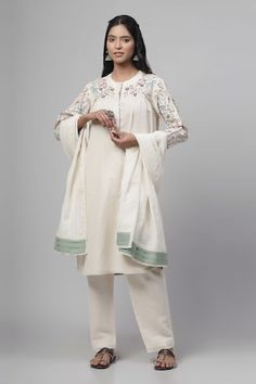 Light beige three fourth sleeves kurta with gardenia embroidery. Paired with a pant and cotton dupatta with sage green details on both side of dupatta. - Aza Fashions Spring Embroidered Kurta With 3/4 Sleeves, Spring Kurta With Floral Embroidery And 3/4 Sleeves, Spring Off White Sets With Embroidered Border, Off White Embroidered Kurta For Spring, Kurta With Pants, Pants Pattern, Light Beige, Embroidery Thread, Cotton Linen