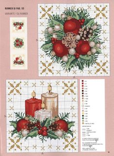 two cross stitch christmas cards with candles and ornaments on them, one in red and the other in gold