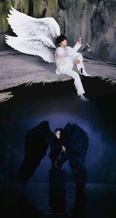 an angel is flying over the water with two black wings in front of him and another person standing next to it