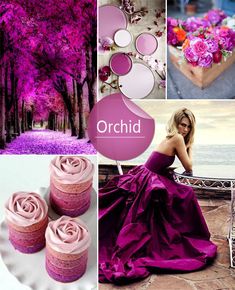 a collage with pink and purple colors