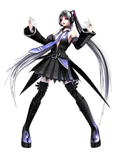 an anime character with long white hair and black clothes, holding her hands up in the air