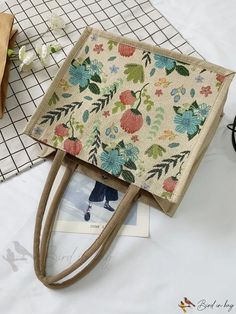 Bird in Bag - Floral Pattern Large Capacity Handbag Tote Spring Large Capacity Rectangular Canvas Bag, Spring Rectangular Canvas Bag For Daily Use, Spring Square Canvas Bag For Daily Use, Casual Rectangular Portable Lunch Bag, Large Capacity Rectangular Lunch Bag For Summer, Beige Large Capacity Lunch Bag For Daily Use, Casual Beige Lunch Bag For Daily Use, Spring Travel Canvas Bag With Square Shape, Square Canvas Travel Bag For Spring