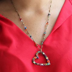 Michal Golan Open Heart Multicolor Necklace Cheap Beaded Necklace With Heart Pendant, Multicolor Metal Beaded Necklaces, Colorful Metal Necklace As A Gift, Bohemian Heart-shaped Jewelry With Faceted Beads, Colorful Metal Necklaces As Gift, Colorful Metal Necklaces For Gifts, Multicolor Crystal Jewelry With Colorful Beads, Multicolor Crystal Beaded Necklace, Multicolor Beaded Crystal Jewelry