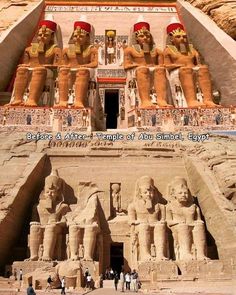 the entrance to an egyptian temple with statues