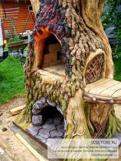 a tree stump with a bench built into it