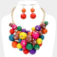 Multicolored Wooden Ball Beaded Cluster Bib Style Statement Necklace And Earrings Set Necklace Size: 18" + 4" L Decor Size: 5" L Earring Size: 3" L Color: Gold, Multi, Wood W 2896 N Gold Chain Link Necklace, Triple Layer Necklace, Gold Elephant Pendant, Silver Cat Pendant, Rhinestone Choker Necklace, Cat Pendant Necklace, Elephant Pendant Necklace, Pearl Necklace Set, Rose Gold Crystal