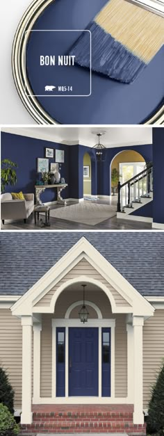 the before and after shots of a house with blue paint