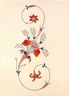 a drawing of flowers and leaves on a white paper with red trim around the edges