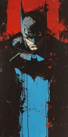 a painting of batman standing in front of a red and blue background