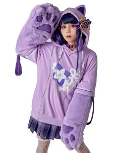 PRICES MAY VARY. Included Items：hoodie, claw*2, headdress, claw strap*2. Material:polar fleece, mirco velvet, super-soft velvet, faux fur. The detachable bag design furry paw is the highlight of this hoodie. The two long-sleeved paw gloves can be detached and used as two bags. There is a zipper on one side that you can make it change to an off-shoulder style top. Or you can pull the zipper down further to reveal more skin, which is more sexy. The thick hoodie is made of super-soft cozy materials Cat Paw Hoodie, Oversized Hoodie Cute, Cat Paw Gloves, Gamer Fashion, Paw Gloves, Chic Prom Dresses, Kawaii Hoodie, Purple Pullover, Cat Cosplay