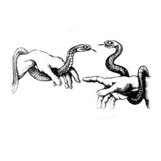 two hands reaching out to each other with snakes on them