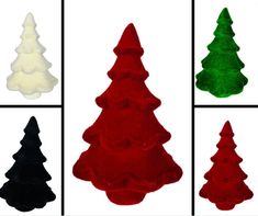 four different colored christmas trees are shown