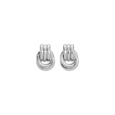 pair of silver earrings with interlocked links on white background, close up view