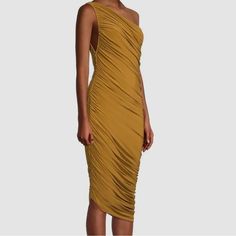 Norma Kamali Diana Women's Gold Mocha Ruched One-Shoulder Dress Size M/38 New With Tags Original Cost $205 Pull-On Style With Interior Bodysuit Asymmetric Hem 95% Polyester/5% Spandex (Very Stretchy) Hand Wash Imported Yellow Ruched Maxi Dress For Party, Yellow Draped Ruched Dress, Yellow Draped Dress With Ruched Details, Gold Fitted Draped Dress, Yellow Ruched Evening Dress, Yellow One-shoulder Evening Midi Dress, Yellow One-shoulder Midi Dress For Evening, Yellow One-shoulder Dress For Night Out, Yellow Maxi Dress For Night Out