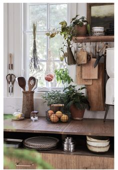 a kitchen counter with pots and pans on it, plants in the window sill