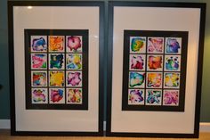 two black framed pictures with colorful butterflies on them