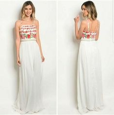 Let Love Begin In This Floral Ivory Beaded Maxi Dress! Romantic Floral Adjustable Strap Top, Stunning Pearl Beading Around The Waist. Woven Poly Maxi Skirt Cascades Below A Set-In Waist. Hidden Back Zipper/Clasp. Fabric: Polyester Size: Small, Medium & Large White Dresses With Beaded Straps For Spring, White Sleeveless Dress With Beaded Straps, White Summer Dress With Pearl Embroidery, Summer White Dress With Pearl Embroidery, White Embellished Vacation Dress, Off White Dresses With Pearl Embroidery For Party, White Bohemian Dress With Pearl Embroidery, White Sequined Maxi Evening Dress, White Beaded Strap Dresses For Prom