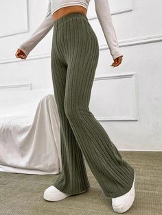 Solid Color Ribbed High Waist Flare Leg Pants - AnotherChill Bootcut Pants, Maxi Dress Cocktail, Flare Leg Pants, Maxi Dress Formal, Look Casual, Looks Style, Basic Style, Flare Pants, High Waisted Pants