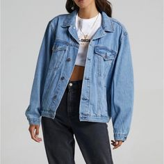 Oversized Denim Jacket In Mid Wash With A Roomy, Relaxed Fit. Has Button Closures Down Front And Functional Pockets. Size: S/M. Length: 24.6in Brand New And Never Worn. Retails For $50. Blue Relaxed Fit Denim Jacket For Everyday, Everyday Blue Relaxed Fit Denim Jacket, Trendy Denim Blue Jacket For Everyday, Oversized Denim Jacket With Button Closure For Everyday, Oversized Denim Jacket With Snap Buttons For Everyday, Denim Jacket With Buttons For Streetwear, Everyday Light Wash Outerwear With Buttons, Oversized Light Wash Outerwear With Buttons, Everyday Blue Denim Jacket With Button Closure