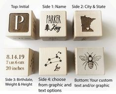 four wooden blocks with different types of stamps on them, including the letter p and number one