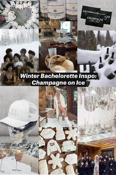 the collage shows images of people in winter clothes and snow - covered trees, with text that reads winter bachelore inspo champagne on ice