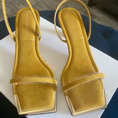 Mustard Yellow Suede (Brand New)! Standout Square Toe One Band Sandal With Halter Back Strap 60mm/2.36 Inch Heel Trendy Yellow Low Heels, Trendy Yellow Sandals For Evening, Chic Yellow Block Heel Sandals, Mustard High Heels For Summer, Yellow Low Heel Evening Heels, Mustard Open Toe Heels For Summer, Good American, Back Strap, Mustard Yellow