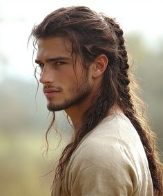 Men’s Ponytail with Braids Guy With Long Hair Reference, Wedding Hairstyles For Men Long Hair, Viking Men’s Braid, Man With Long Hair And Beard, Druid Hairstyles, Side Bangs Ponytail, Long Hair Men Aesthetic, Male Viking Braids, Curly Hairstyles Gel