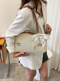 OrcaJump - Straw Underarm Bag with Exquisite Letter Embroidery and Bow Decoration Season Activity, Text Letters, Letters Style, Seasons Activities, Vacation Bag, Letter Embroidery, Underarm Bag, Olivia Mark, Straw