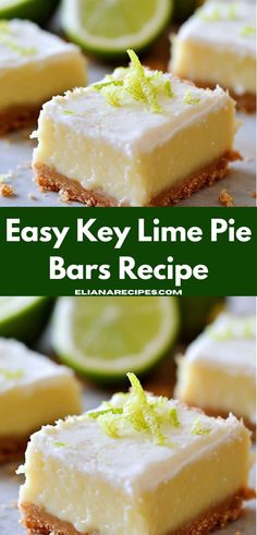 easy key lime pie bars recipe on a baking sheet with limes in the background