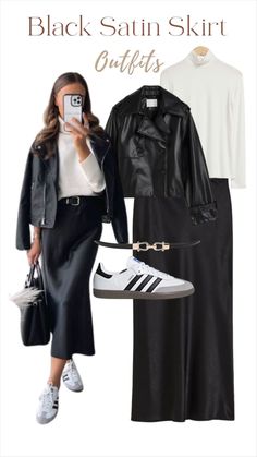 Black Satin Skirt Outfit, Looks Adidas, Black Satin Skirt, Satin Skirt Outfit, Adidas Samba Outfit, Black Skirt Outfits, Samba Outfit, Summer Work