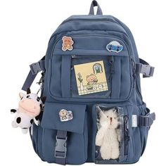 Package Include:1x Kawaii Backpack(3pcs Pins,1 Pcs Bear Pendant,1 Pcs Cow Pendant,As The Main Picture Shows).,All Accessories Removable & Diy Kawaii Aesthetic Backpack School Bag With Large Capacity,43*31*13 Cm/17.3*12.2*5.14 Inch,2 Side Pockets,3 Front Pockets,1 Back Zipper Pocket. Padded Back Panel And Adjustable Shoulder Straps, You Can Adjust Its Length To Suit Your Height And Body Construction,Provide Good Shoulder Protection. High Density Waterproof Nylon Fabric,Sturdy,Durable,Easy To Clea Mochila Aesthetic, Korean Stationary, Urban Outfitters Backpack, Eastpak Backpack, Backpack For School, Aesthetic Backpack, Kawaii Backpack, Luxury Backpack, Backpack Cute