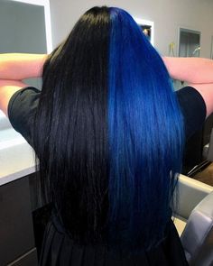 Black And Blue Half And Half Hair, Half Dark Blue Half Black Hair, Blue And Black Hair Split, Black And Blue Split Dye Hair, Split Dye Blue And Black, Dark Blue To Light Blue Hair Ombre, Half Black Half Blue Hair, Black And Dark Blue Hair, Light Blue Hair Highlights