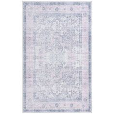 a white rug with blue and pink accents