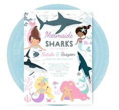 mermaids and sharks are on the front of this birthday party card, which is printed with