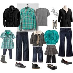 an assortment of clothes and shoes are arranged on a white background, including green shirts