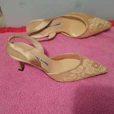 A Pair Of Heels In Size 37.5 By Manolo Blahnik. These Cream Dress Shoes Feature A Pointed Toe-Box With A Mesh Floral Lace Covering And Slingback Straps. The Manolo Blahnik Name Is Present To The Insole Of Each Shoe. There Are Some Stains On Them As Pictured, But Nothing Serious, Please See Pictures For Details. Beige Slingback Pumps For Formal Occasions, Beige Fitted Slingback Pumps For Formal Occasions, Fitted Beige Slingback Pumps For Formal Occasions, Designer Pointed Toe Slingback Pumps For Wedding, Cream Dress Shoes, Shoes Manolo Blahnik, Blahnik Shoes, Manolo Blahnik Shoes, Slingback Heels