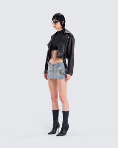 The perfect fit for asserting your dominance 😏 Take them for a wild ride in this chic and edgy three-piece set featuring a vintage black cropped jacket, a black turtleneck cropped jacket, and a denim mini skirt 🖤 Cropped Black Biker Jacket For Night Out, Black Cropped Biker Jacket For Night Out, Chic Fitted Mini Skirt For Streetwear, Edgy Cropped Jacket For Winter, Trendy Cropped Biker Jacket For Night Out, Casual Black Cropped Biker Jacket, Fitted Cropped Black Biker Jacket, Edgy Cropped Fitted Biker Jacket, Edgy Spring Club Outerwear