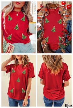 Bjux - Red Sequins Shine on Christmas Tree Print Top Red Holiday Tops For Festive Occasion, Red Winter Top As Gift, Red Festive Holiday Top, Red Festive Tops For New Year, Red Christmas Top As Gift, Red Christmas Top For Gift, Red Christmas Tops As Gift, Red Cotton T-shirt With Star Print, Shift Pattern