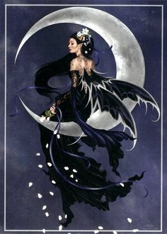 a painting of a woman holding a bouquet in front of a full moon with stars and sparkles