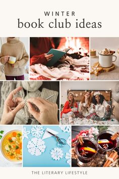 the winter book club ideas are featured in this collage with images of people, food and drinks