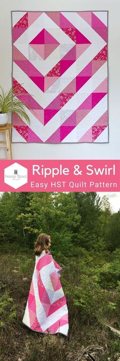 a pink and white quilt with the words ripple and swirl on it