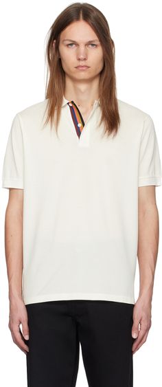 Cotton piqué polo. · Rib knit spread collar and cuffs · Concealed striped trim at two-button placket · Tennis-tail hem Supplier color: White White Polo Shirt With Striped Cuffs, Paul Smith, Collar And Cuff, Button Placket, Apparel Accessories, Rib Knit, Tennis, Color White, Mens Shirts