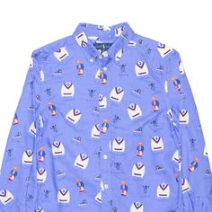 Item is in good used condition. Label says size 14-16. >Size: L >Armpit To Armpit: 19" >Armpit To Cuff: 18" >Collar To Hem: 27" Blue Shirt With Graphic Print And Spread Collar, Blue Graphic Print Shirt With Spread Collar, Blue Spread Collar Shirt With Graphic Print, Preppy Long Sleeve Cotton Shirt, Preppy Blue Button-up Tops, Blue Collared Preppy Tops, Preppy Blue Collared Top, Casual Blue Shirt With Spread Collar, Classic Blue Shirt With Graphic Print