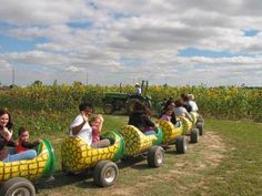 several children are riding on a toy train with pineapples painted on the sides