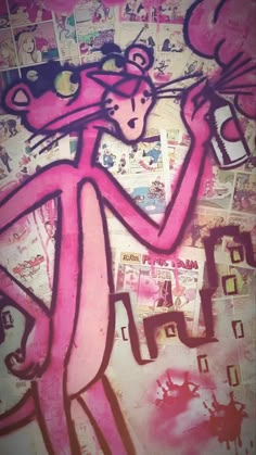 a drawing of a pink cat holding a beer in it's mouth, on top of newspaper clippings